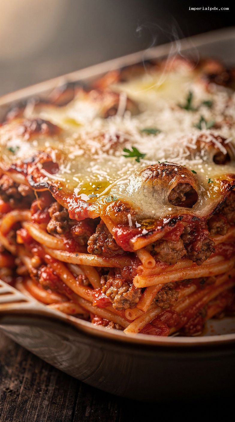 Baked Country Spaghetti Casserole With Meat Sauce and Cheese – Closeup