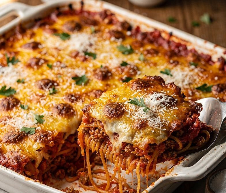 Baked Country Spaghetti Casserole With Meat Sauce and Cheese