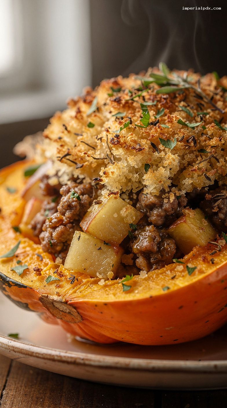 Baked Stuffed Acorn Squash With Sausage and Apples – Closeup