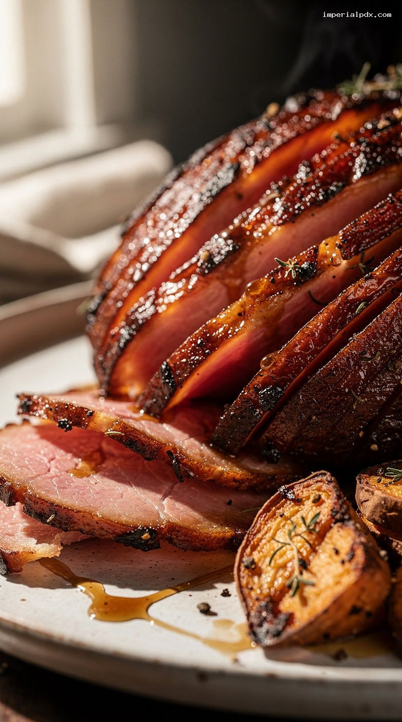 Bourbon-Glazed Holiday Ham with Roasted Sweet Potatoes – Closeup