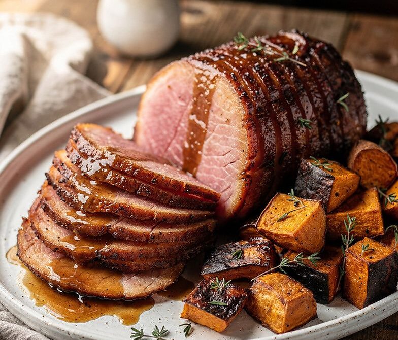 Bourbon-Glazed Holiday Ham with Roasted Sweet Potatoes