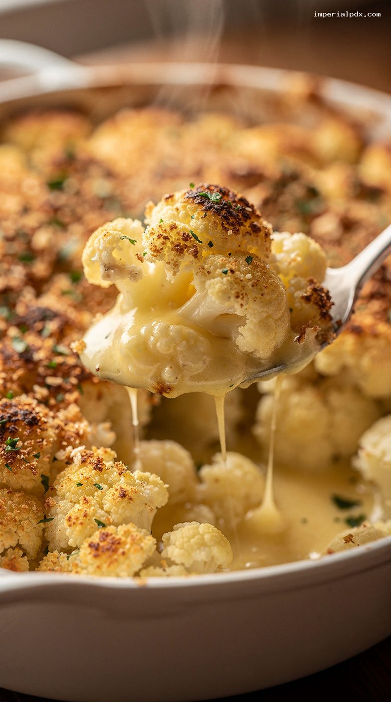 Cheesy Garlic Cauliflower Gratin Baked Until Golden – Closeup