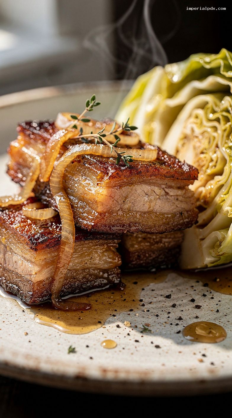 Cider-Braised Pork Belly with Cabbage and Onions – Closeup