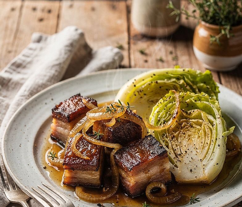 Cider-Braised Pork Belly with Cabbage and Onions