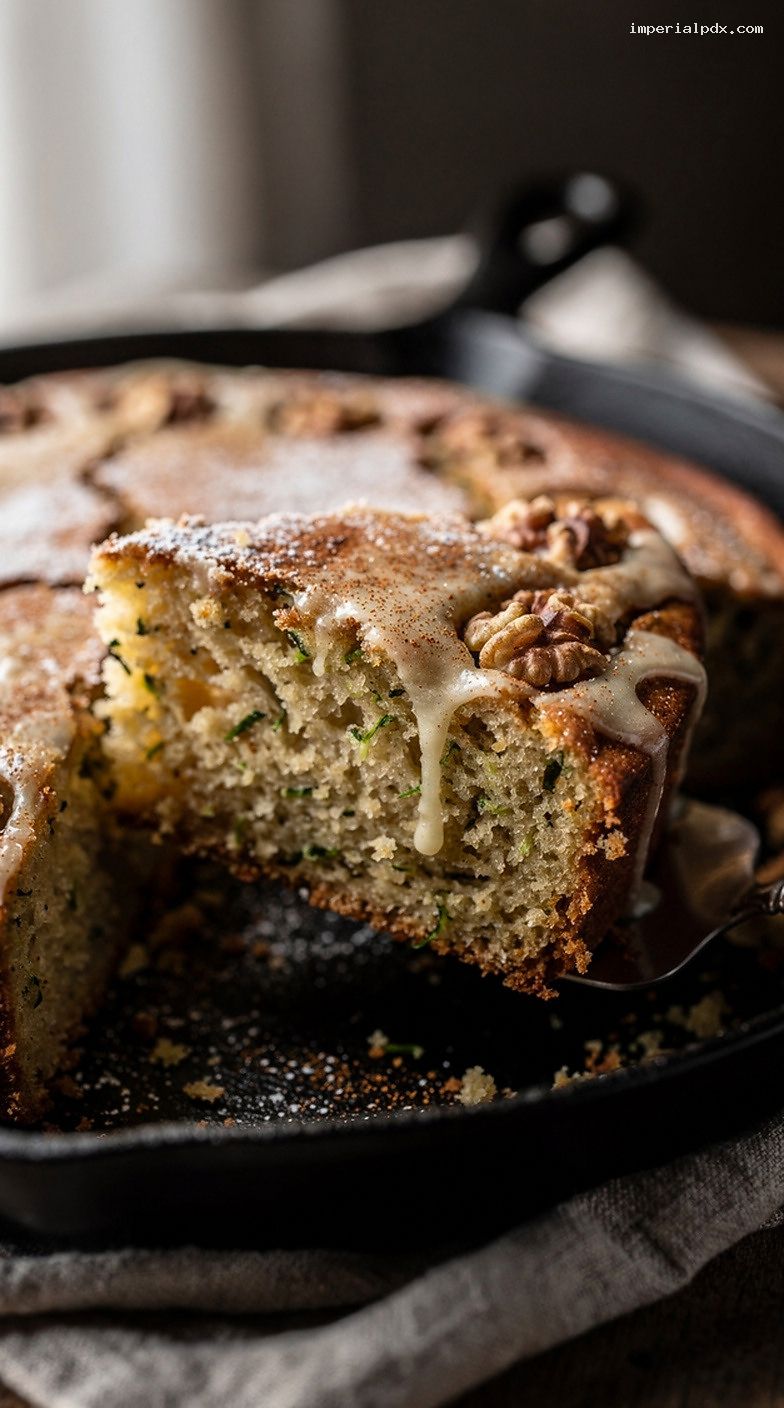 Cinnamon Skillet Zucchini Bread Cake with Simple Glaze – Closeup