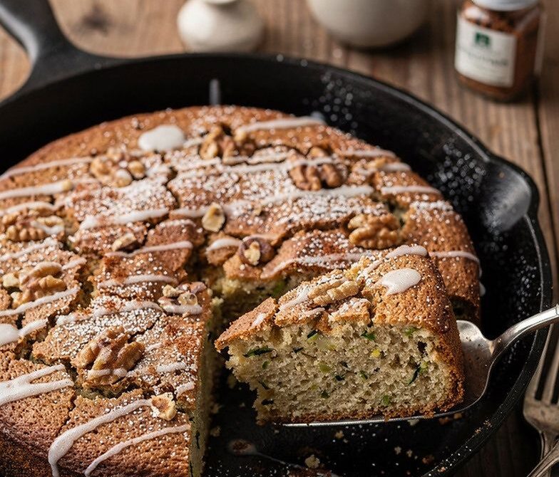 Cinnamon Skillet Zucchini Bread Cake with Simple Glaze