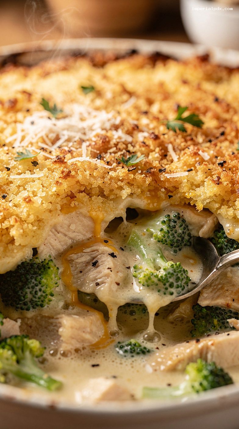Creamy Baked Chicken and Broccoli Casserole with Crunchy Topping – Closeup
