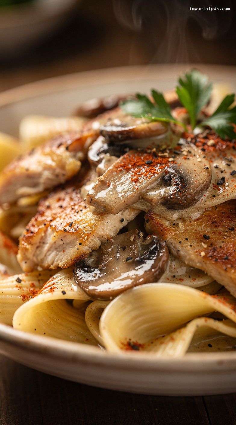 Creamy Chicken and Mushroom Stroganoff Over Egg Noodles – Closeup