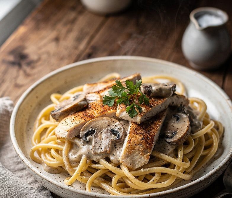 Creamy Chicken and Mushroom Stroganoff Over Egg Noodles