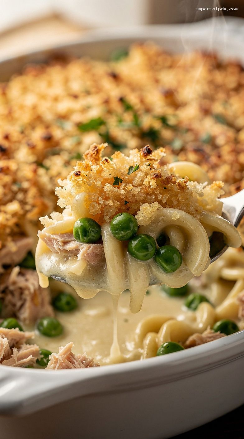 Creamy Tuna Noodle Casserole With Peas and Crunchy Topping – Closeup