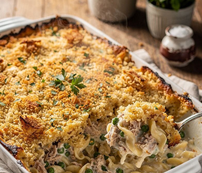 Creamy Tuna Noodle Casserole With Peas and Crunchy Topping