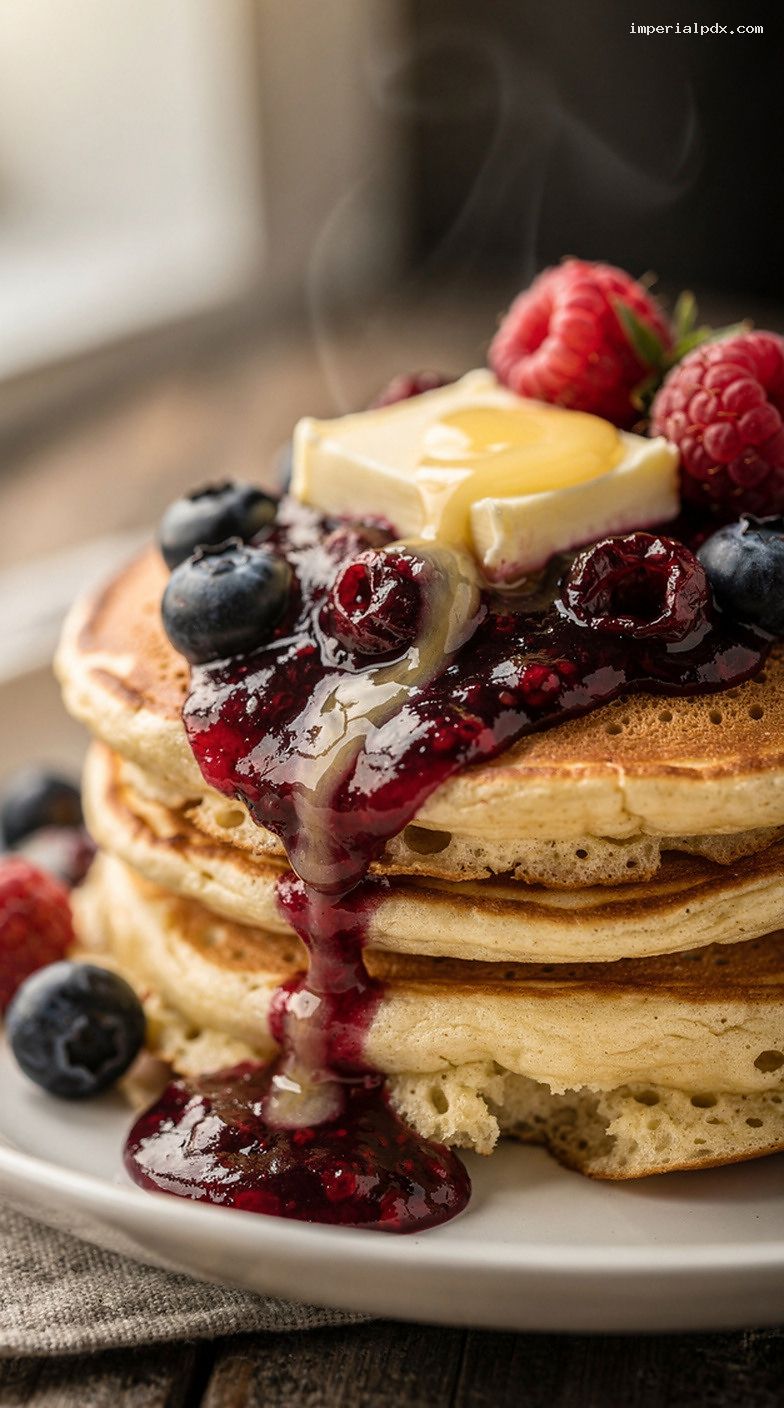 Fluffy Pancakes With Quick Berry Compote and Butter – Closeup