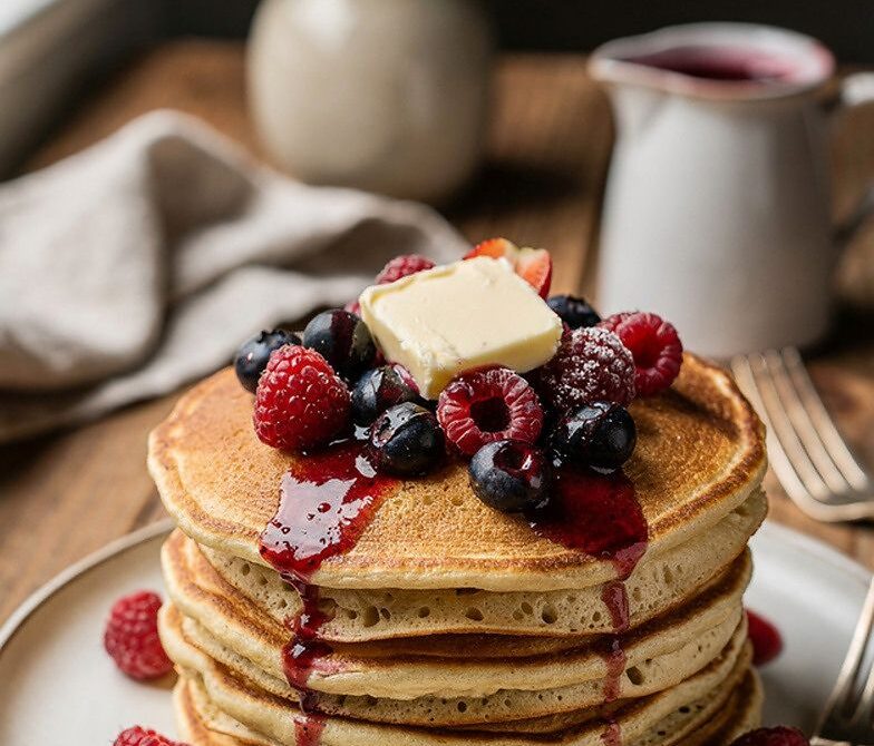 Fluffy Pancakes With Quick Berry Compote and Butter