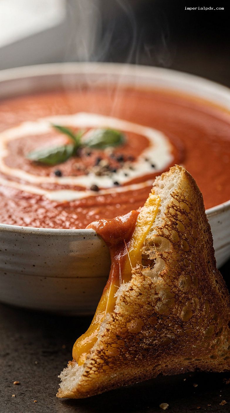 Oven-Roasted Tomato Soup with Buttery Grilled Cheese – Closeup