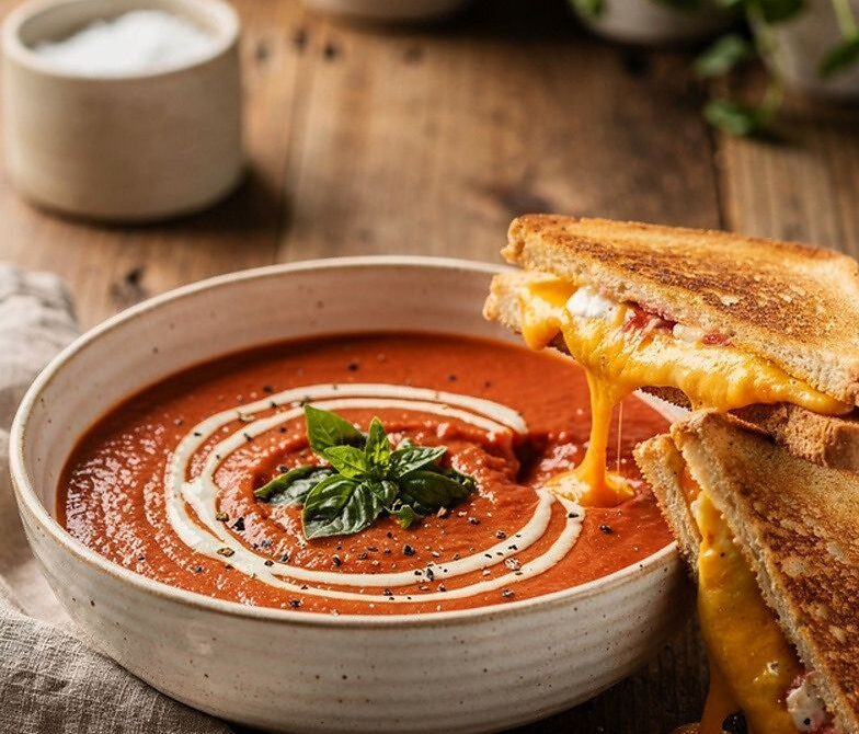 Oven-Roasted Tomato Soup with Buttery Grilled Cheese