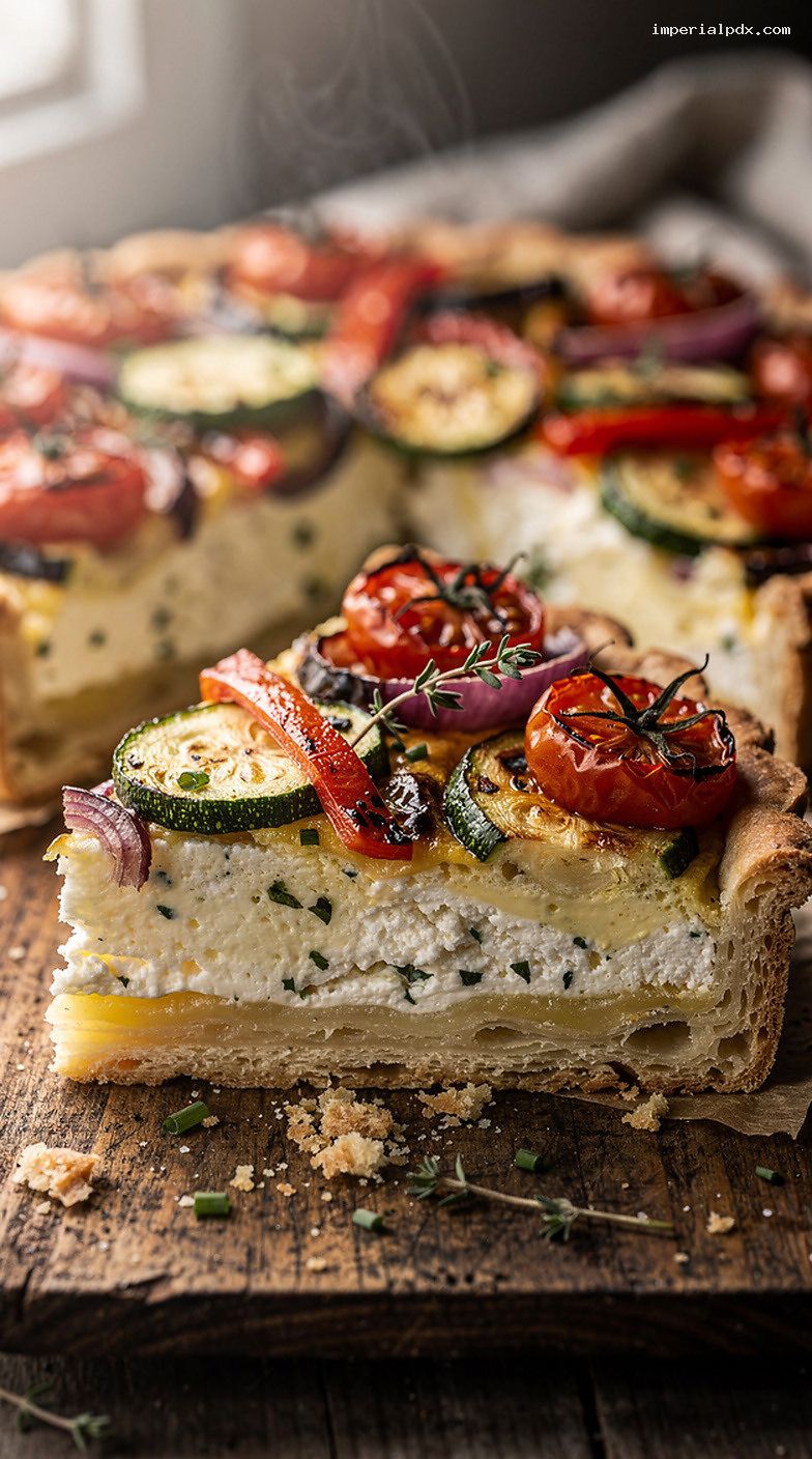 Roasted Vegetable and Goat Cheese Tart with Herbs – Closeup