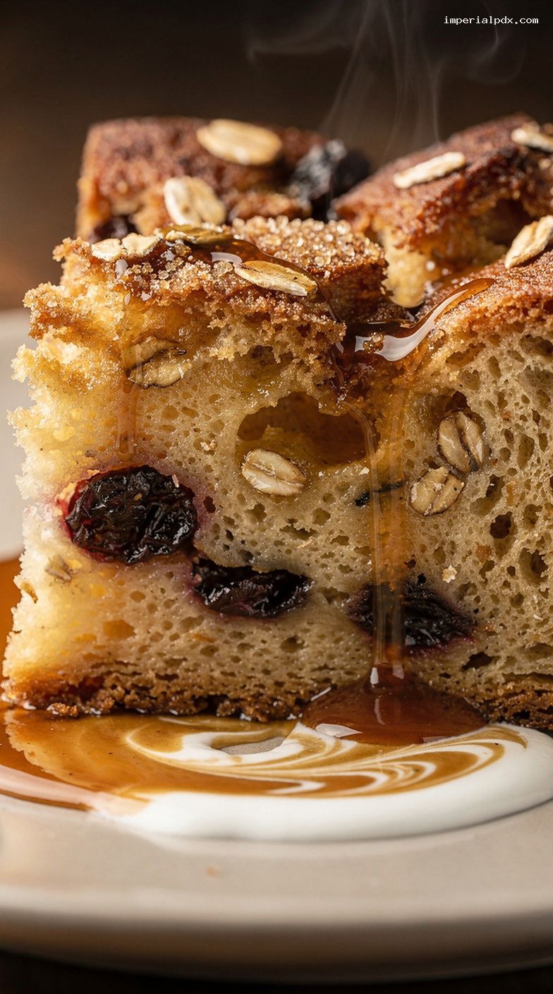 Rustic Oat and Raisin Bread Pudding with Vanilla Spice – Closeup