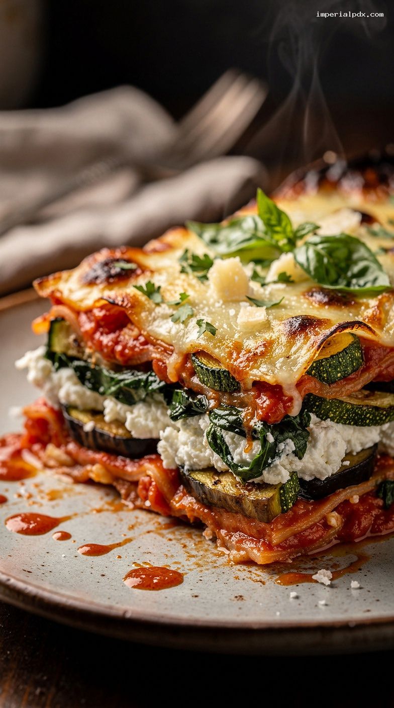 Rustic Roasted Vegetable Lasagna With Ricotta and Herbs – Closeup