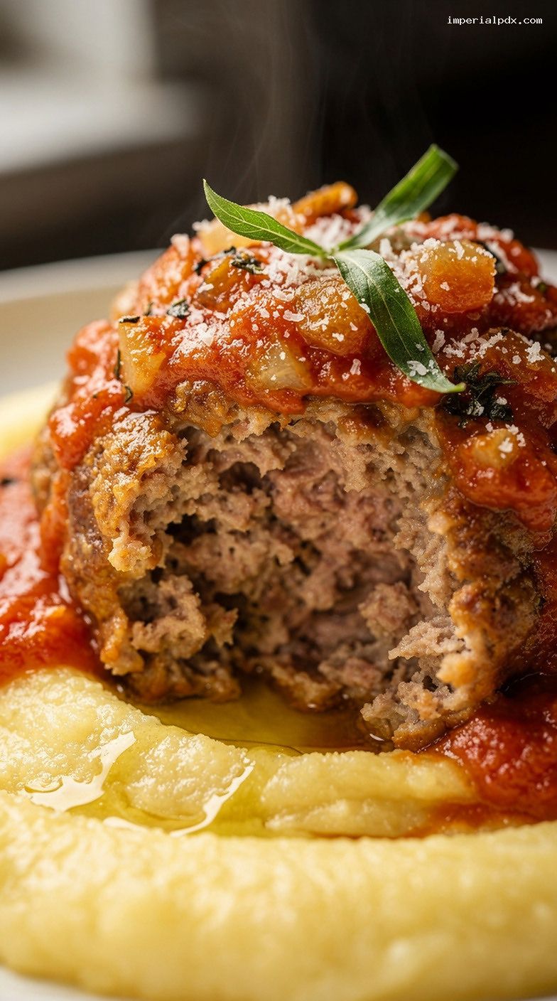 Tomato-Braised Meatballs With Creamy Polenta and Parmesan – Closeup