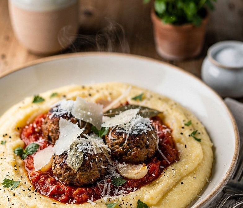 Tomato-Braised Meatballs With Creamy Polenta and Parmesan