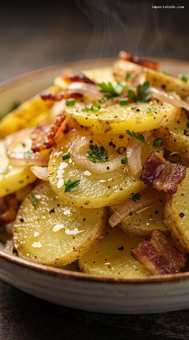 Warm German Potato Salad With Bacon and Vinegar – Closeup