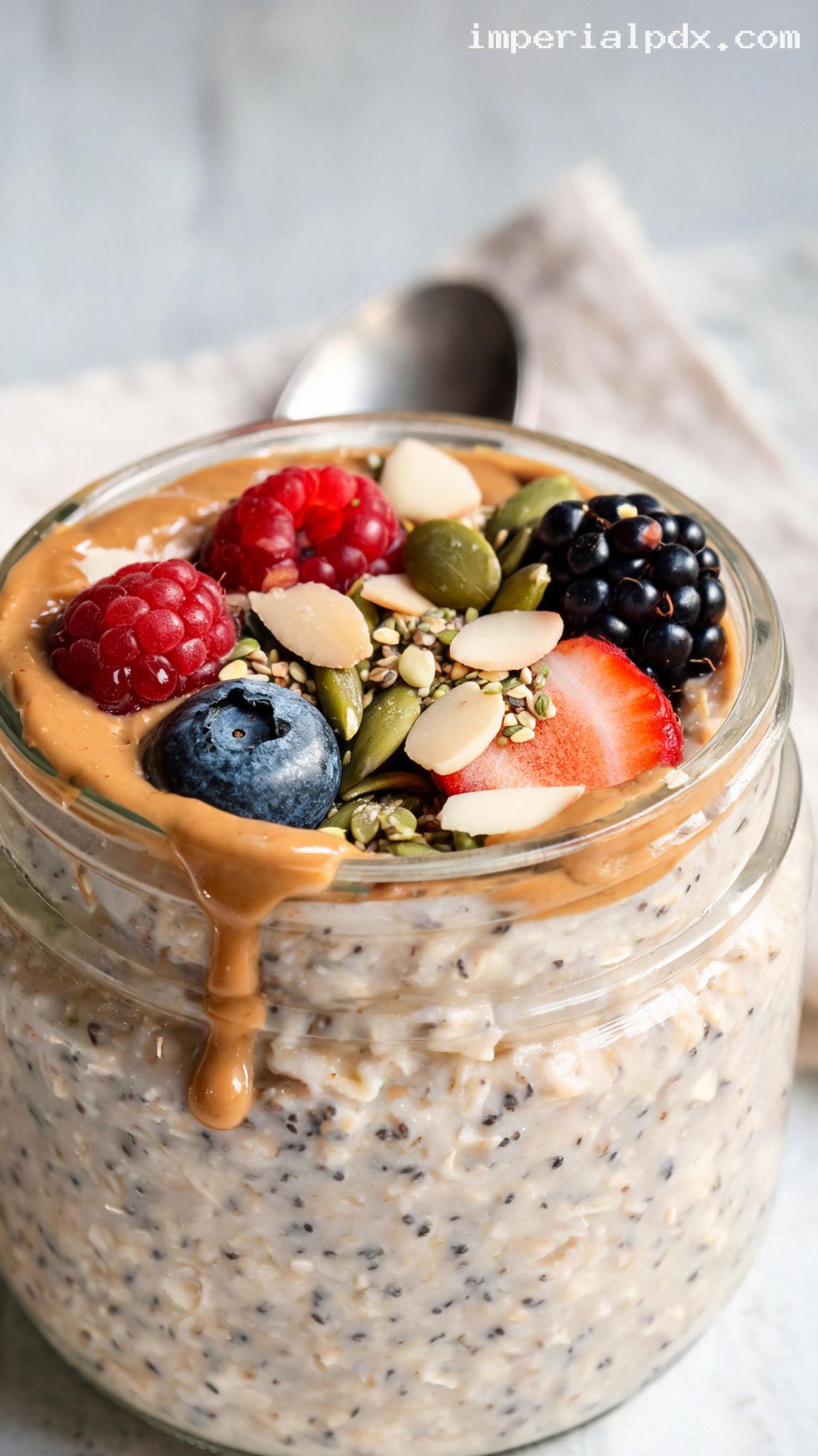 Almond Butter Berry Overnight Oats – Closeup