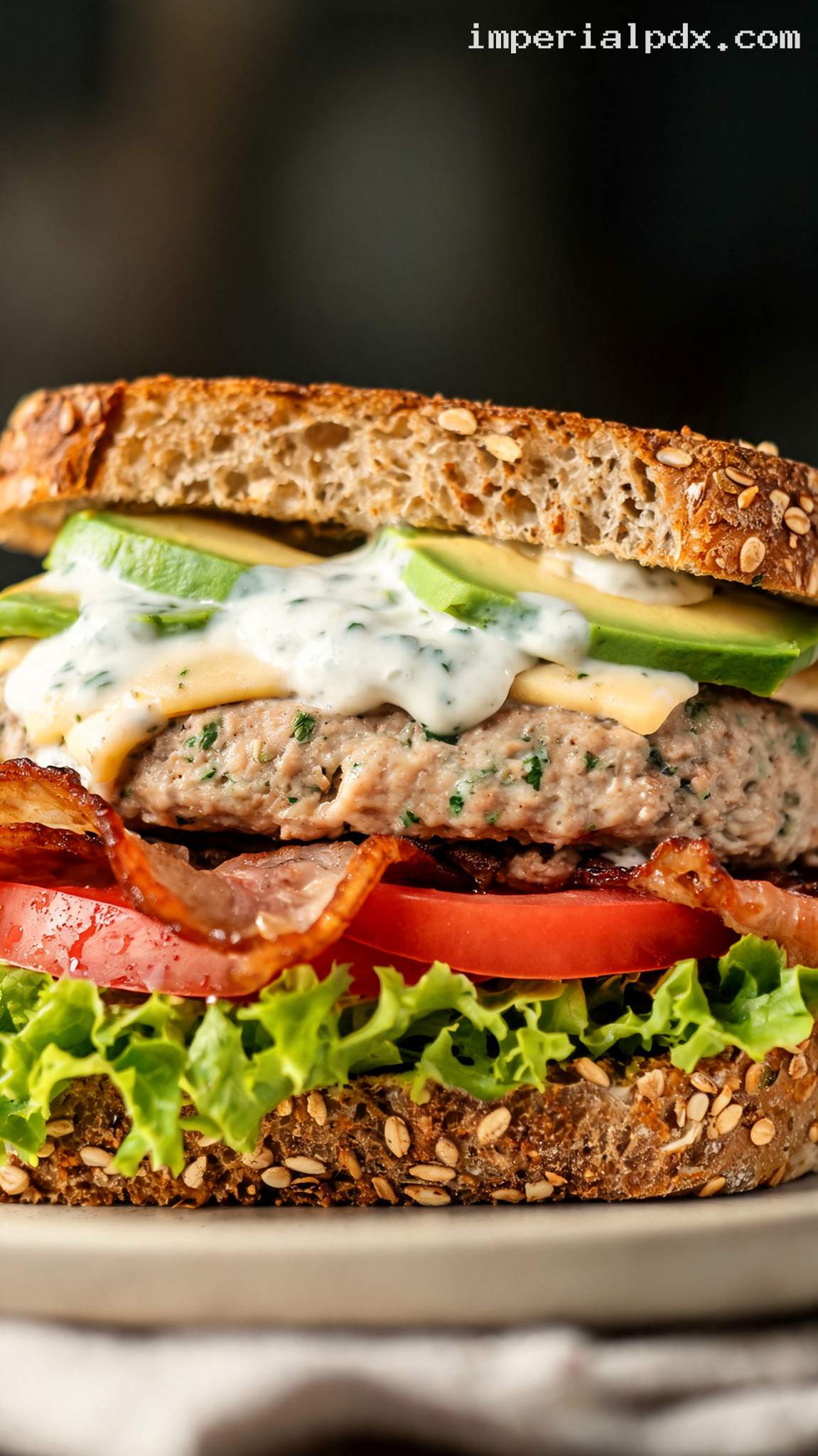 Avocado Ranch Turkey Burgers With Bacon – Closeup