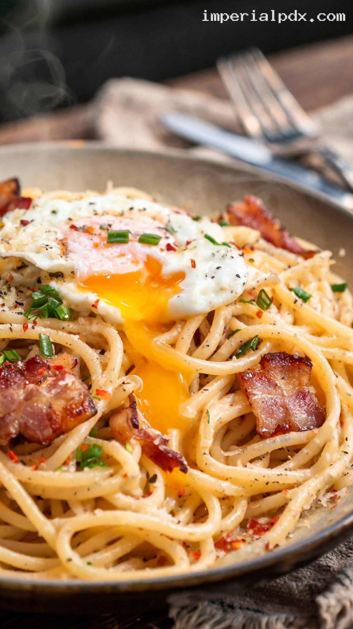 Bacon and Egg Breakfast Pasta – Closeup