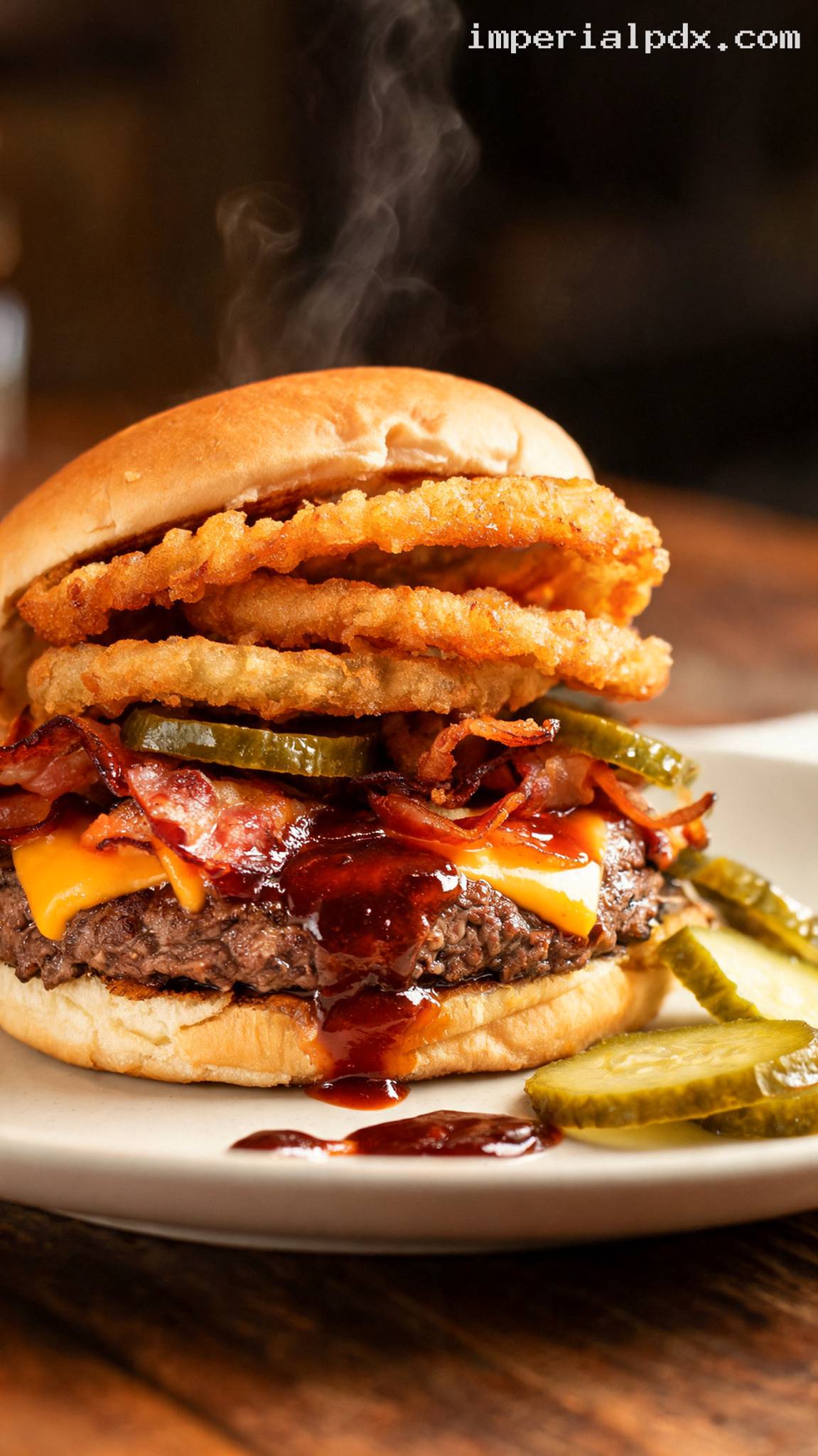 Bacon BBQ Smokehouse Burger with Crispy Onion Rings – Closeup