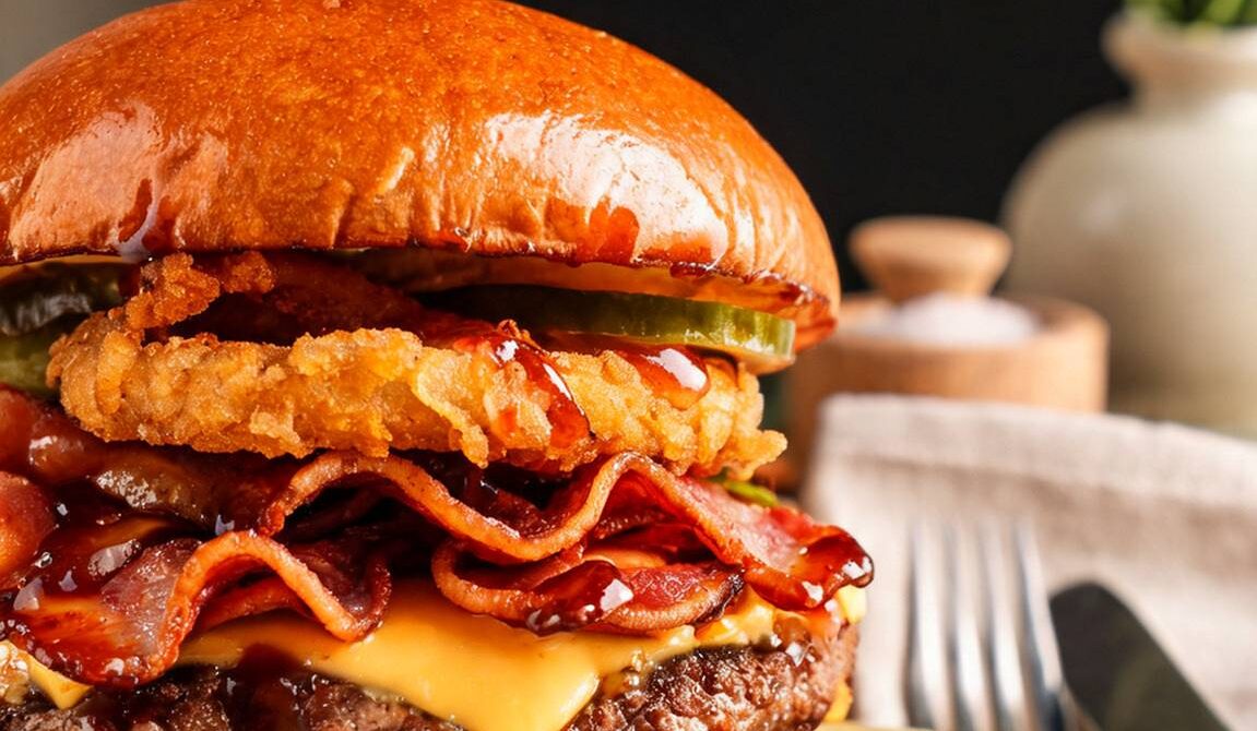 Bacon BBQ Smokehouse Burger with Crispy Onion Rings