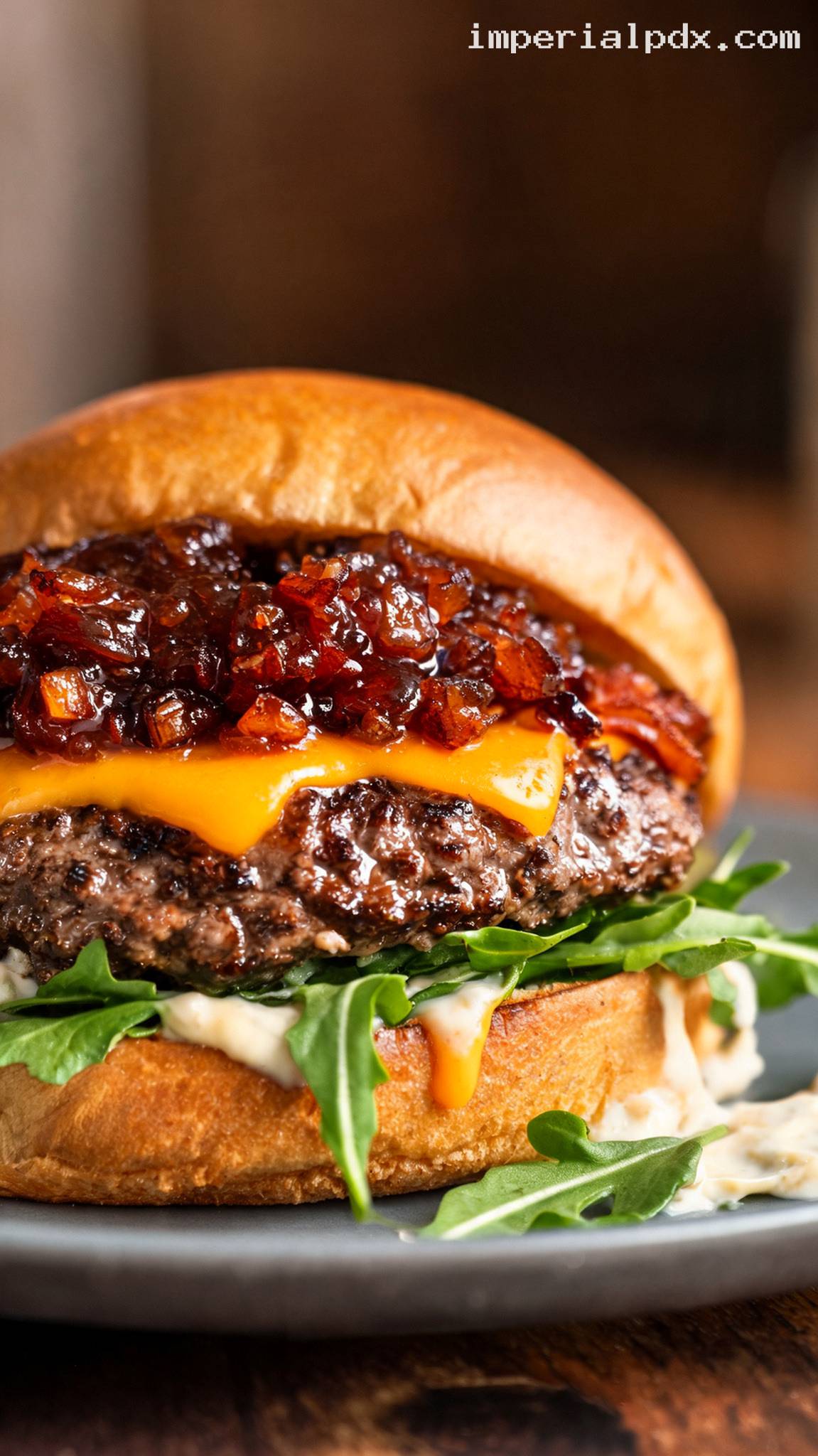 Bacon Jam Burger With Cheddar and Garlic Aioli – Closeup