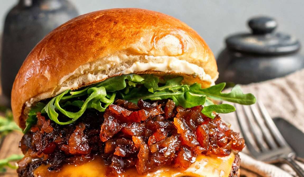 Bacon Jam Burger With Cheddar and Garlic Aioli