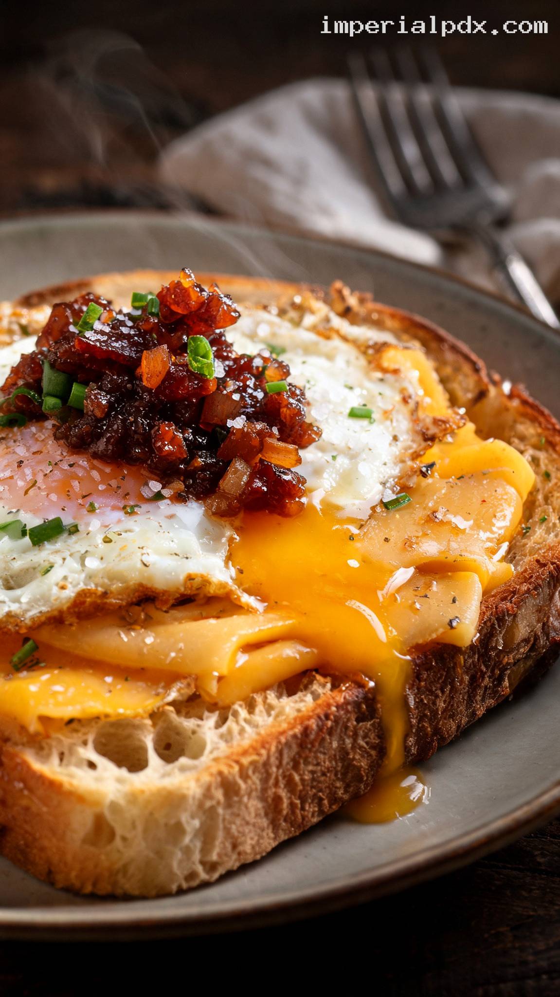 Bacon Jam Egg Toast With Melty Cheese – Closeup