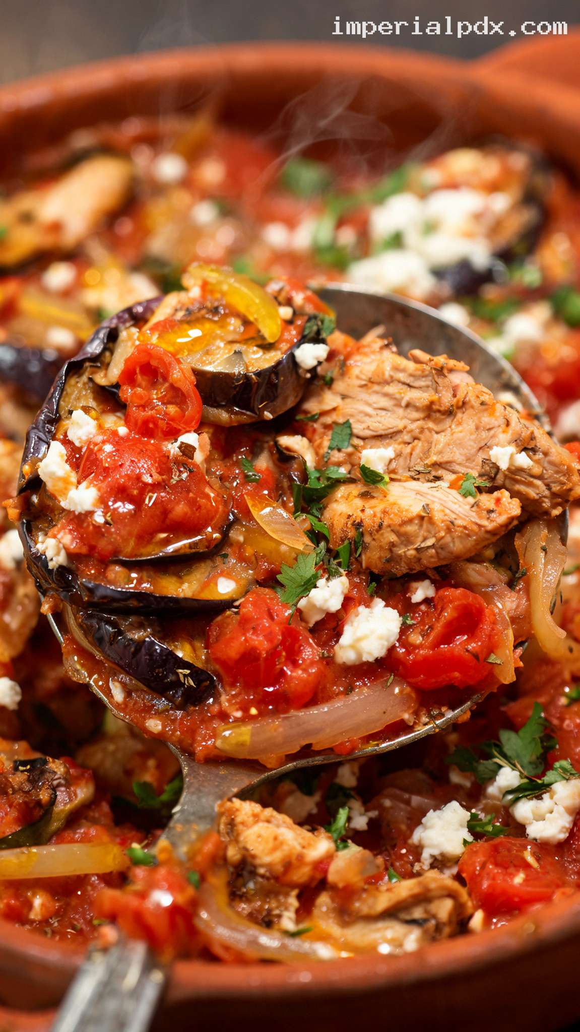 Baked Chicken and Eggplant with Tomato and Feta – Closeup