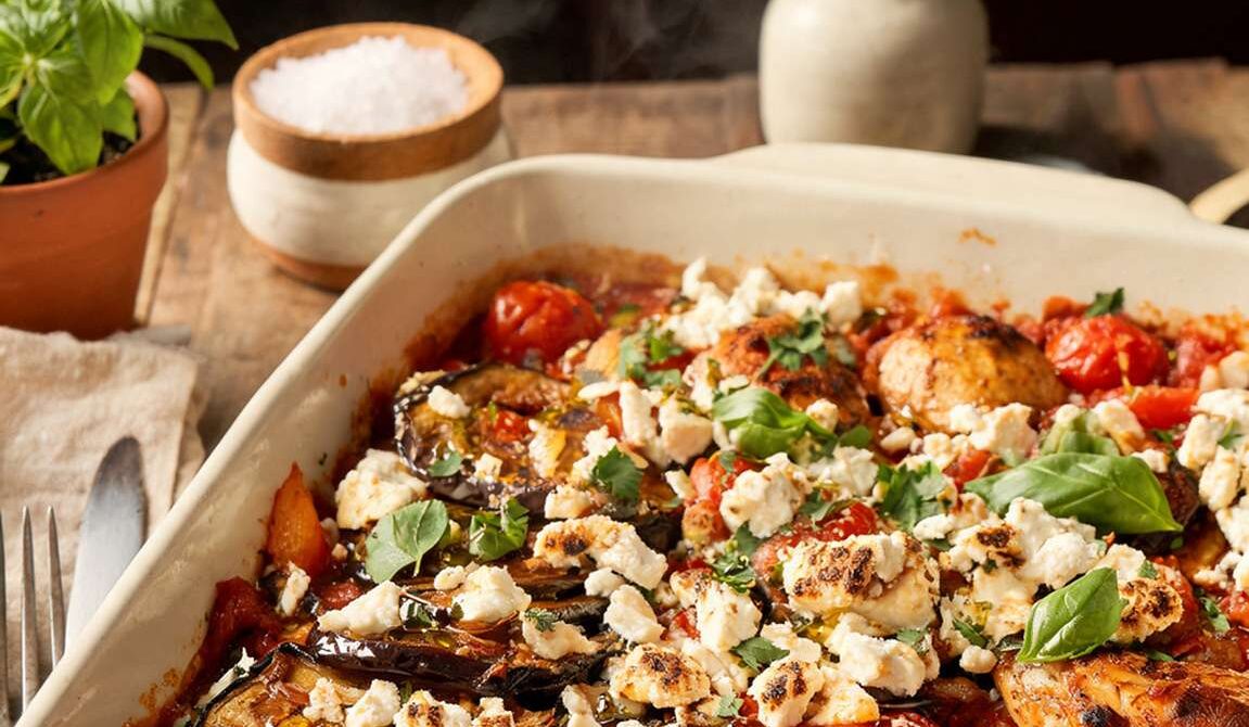 Baked Chicken and Eggplant with Tomato and Feta
