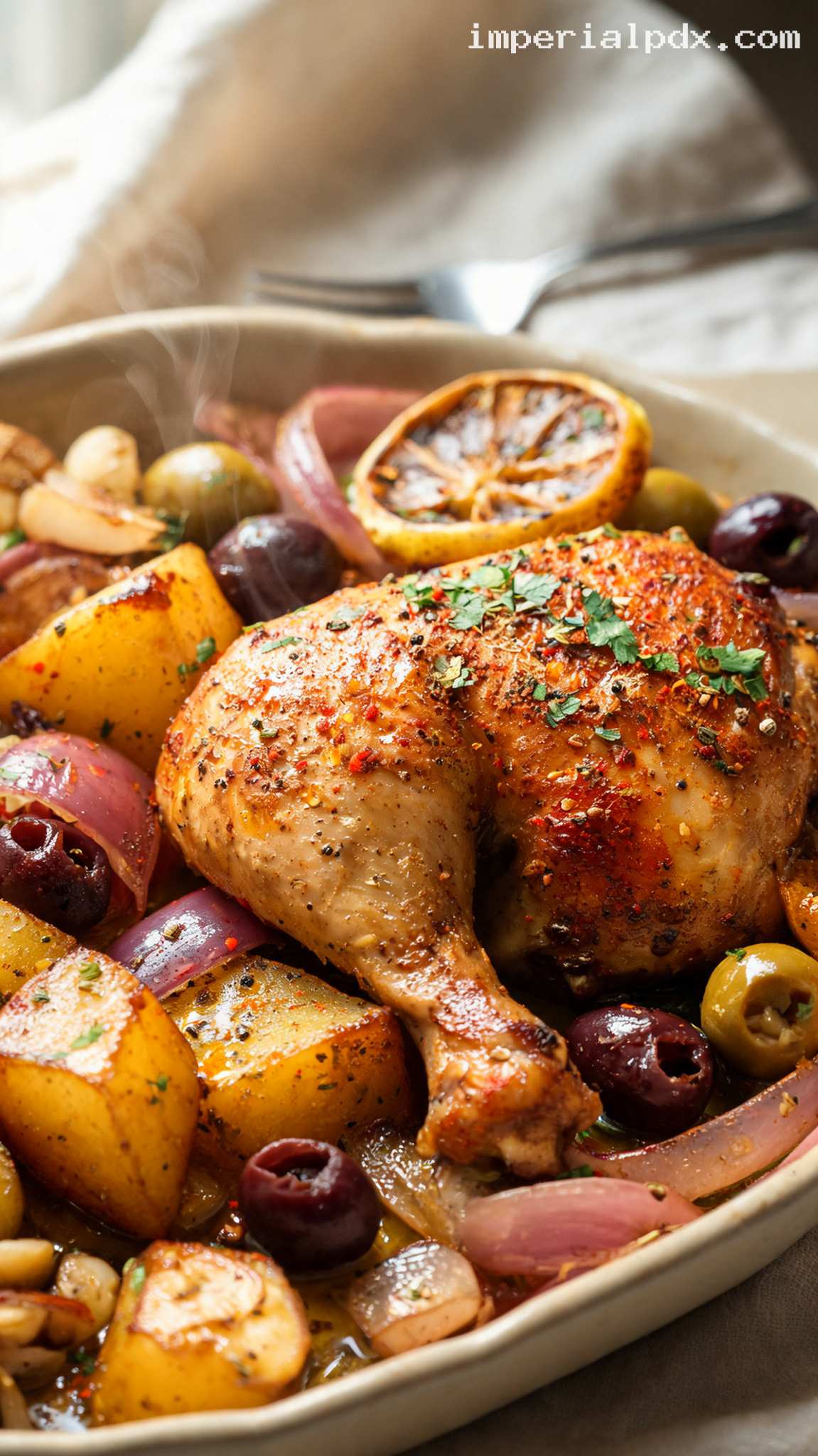 Baked Mediterranean Chicken With Potatoes and Olives – Closeup