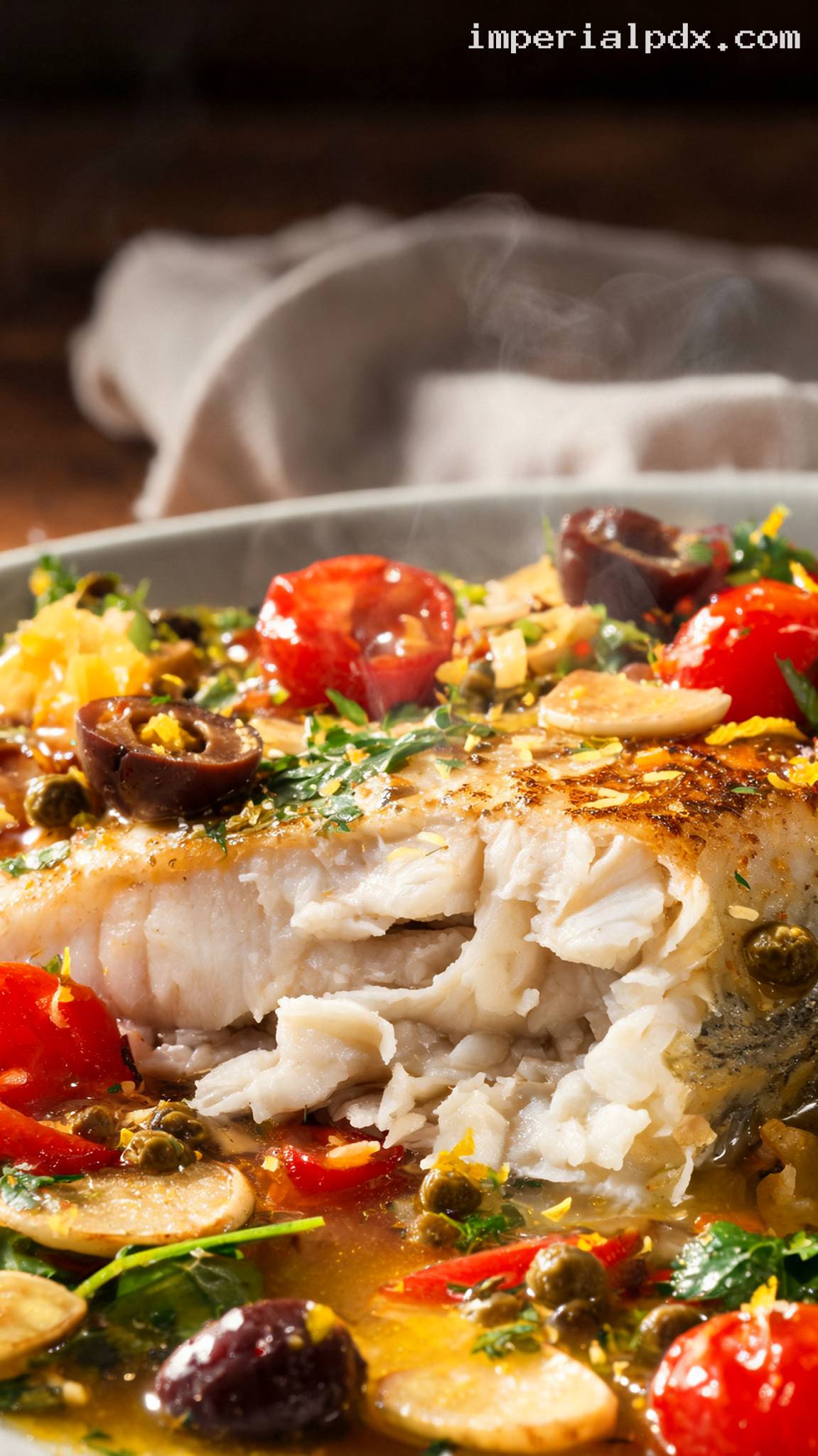 Baked Mediterranean Cod with Tomatoes and Olives – Closeup
