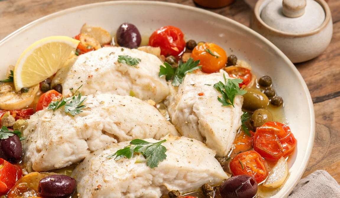 Baked Mediterranean Cod with Tomatoes and Olives