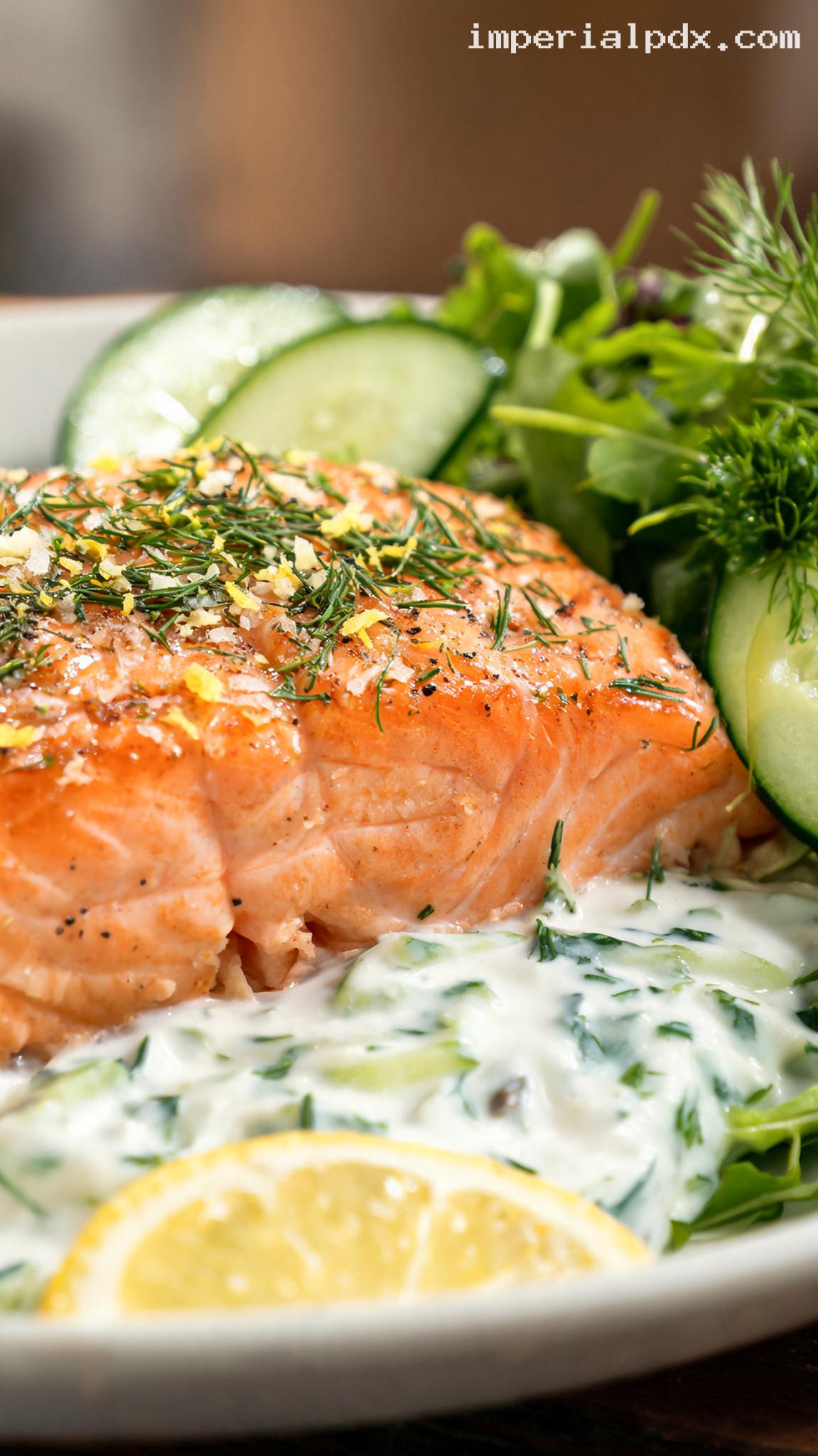 Baked Salmon With Cucumber Dill Yogurt Sauce – Closeup