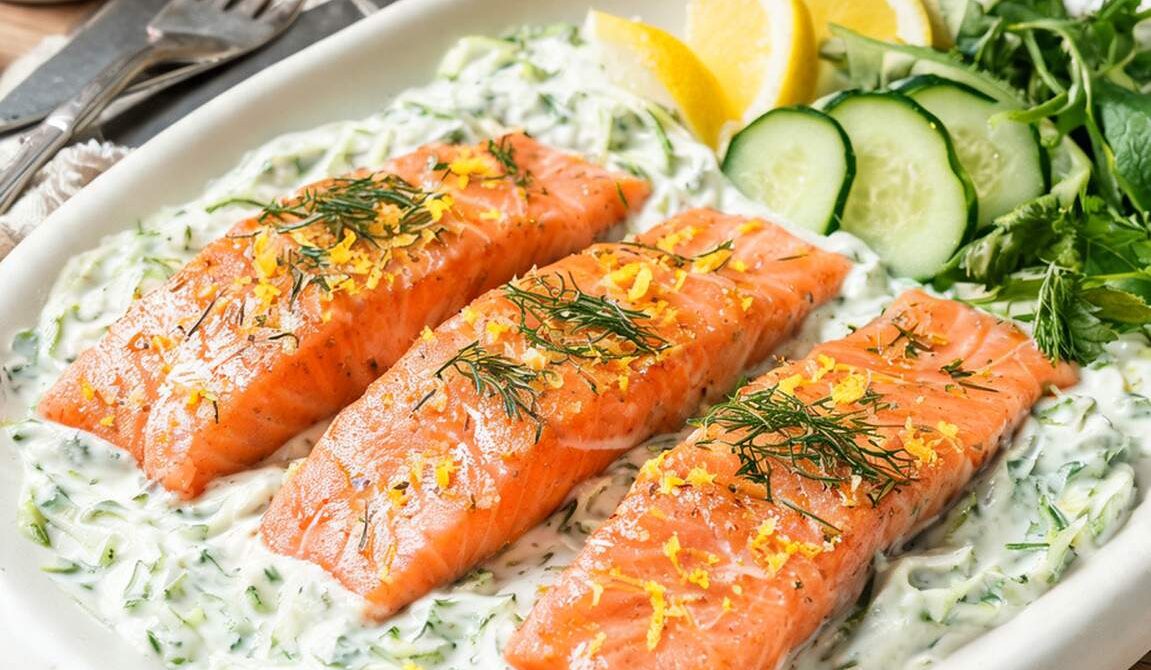 Baked Salmon With Cucumber Dill Yogurt Sauce