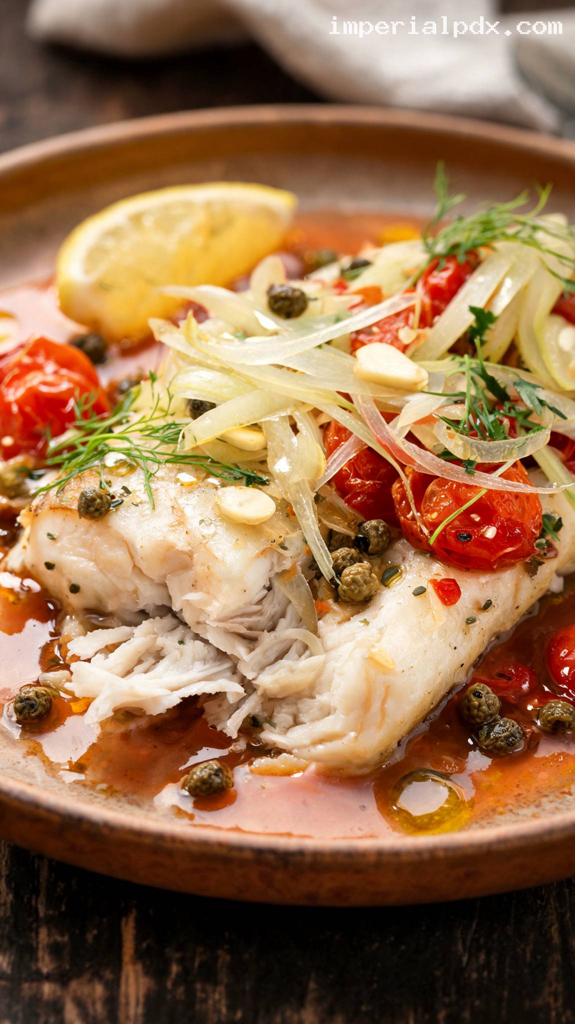 Baked White Fish With Tomatoes, Fennel, and Capers – Closeup