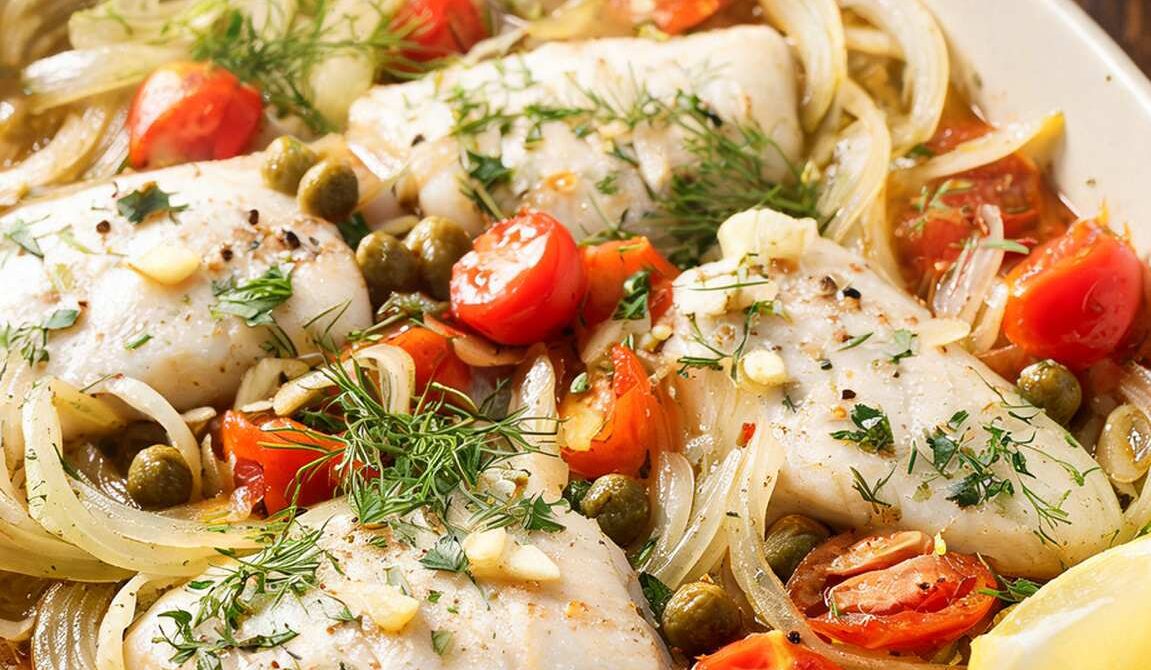 Baked White Fish With Tomatoes, Fennel, and Capers
