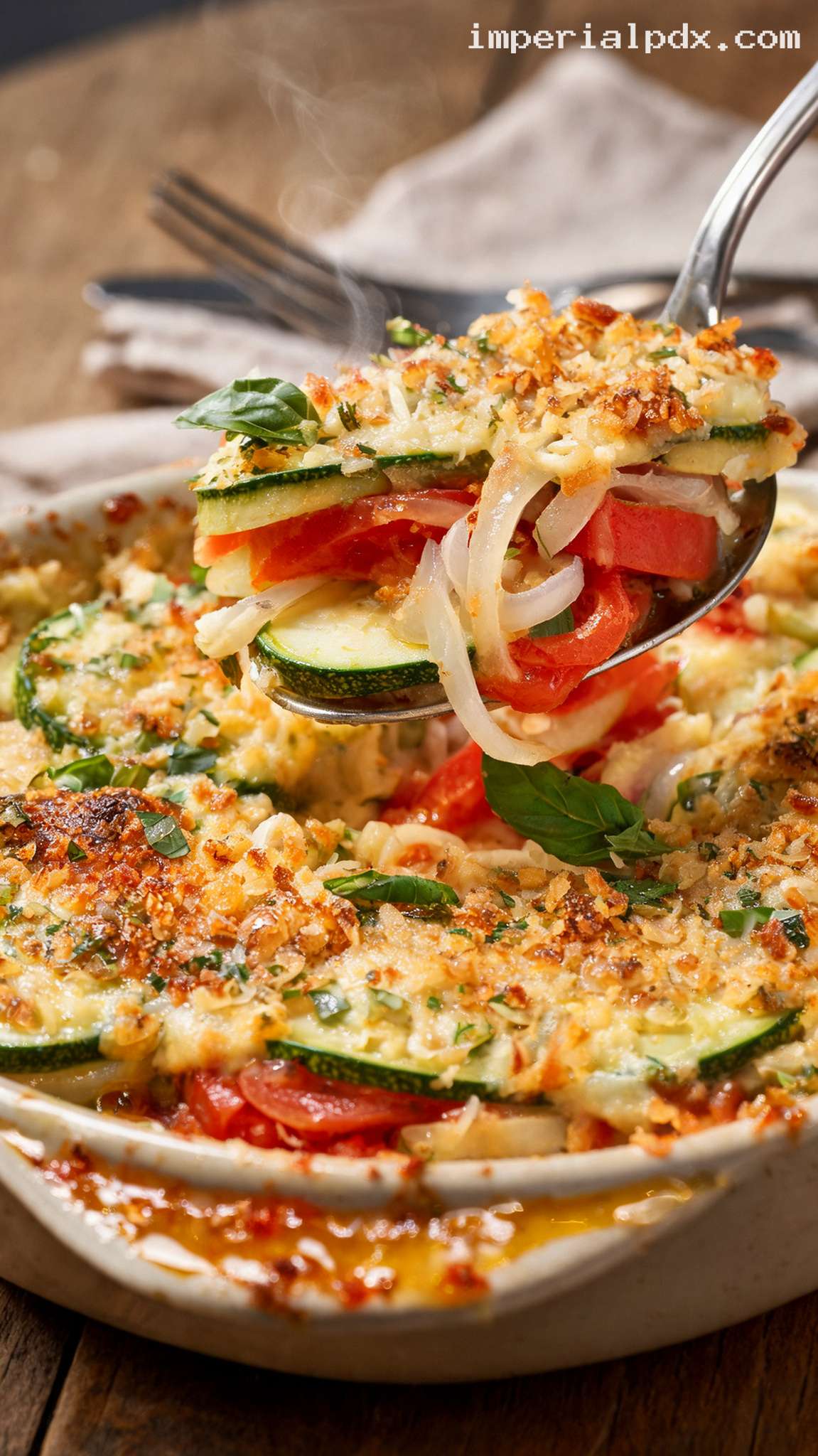 Baked Zucchini and Tomato Gratin with Parmesan and Herbs – Closeup