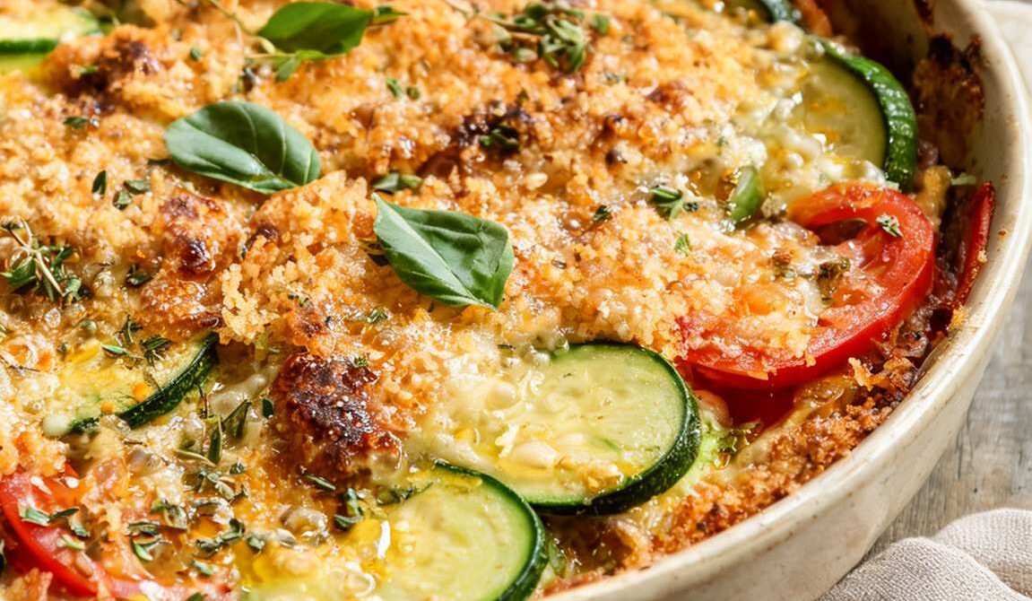 Baked Zucchini and Tomato Gratin with Parmesan and Herbs
