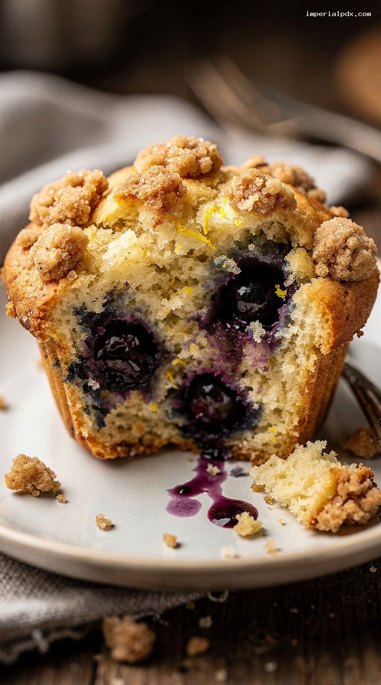 Bakery-Style Blueberry Muffins With Streusel Topping – Closeup