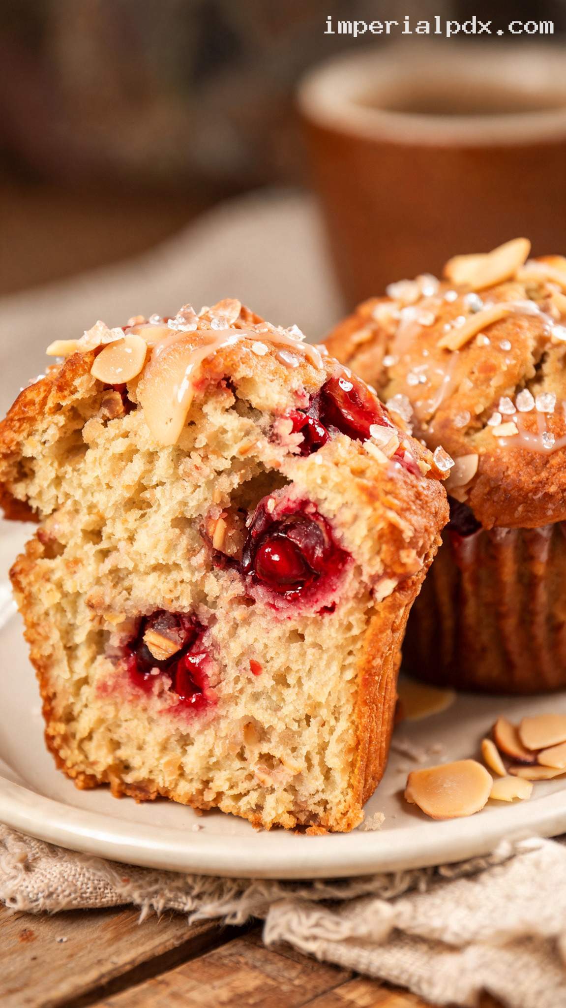 Bakery-Style Cherry Almond Muffins With Glaze – Closeup