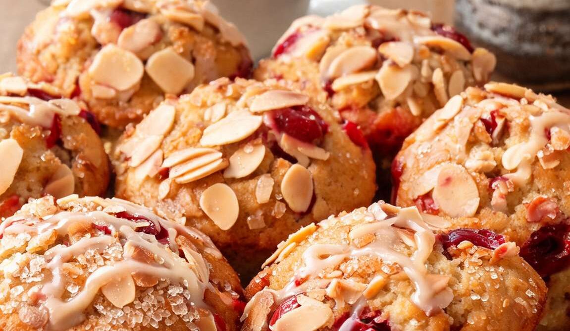 Bakery-Style Cherry Almond Muffins With Glaze