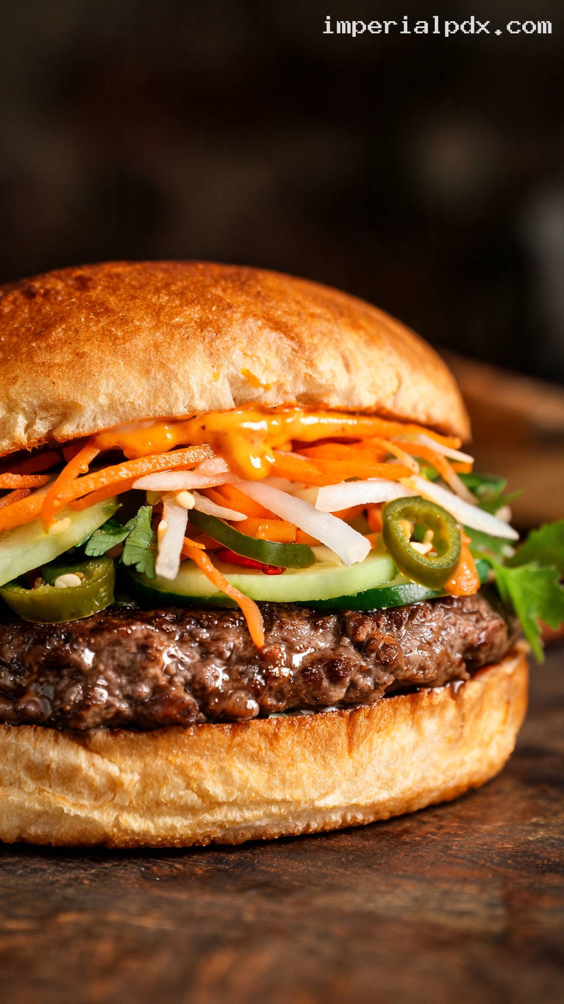 Banh Mi Burger With Pickled Vegetables and Spicy Mayo – Closeup