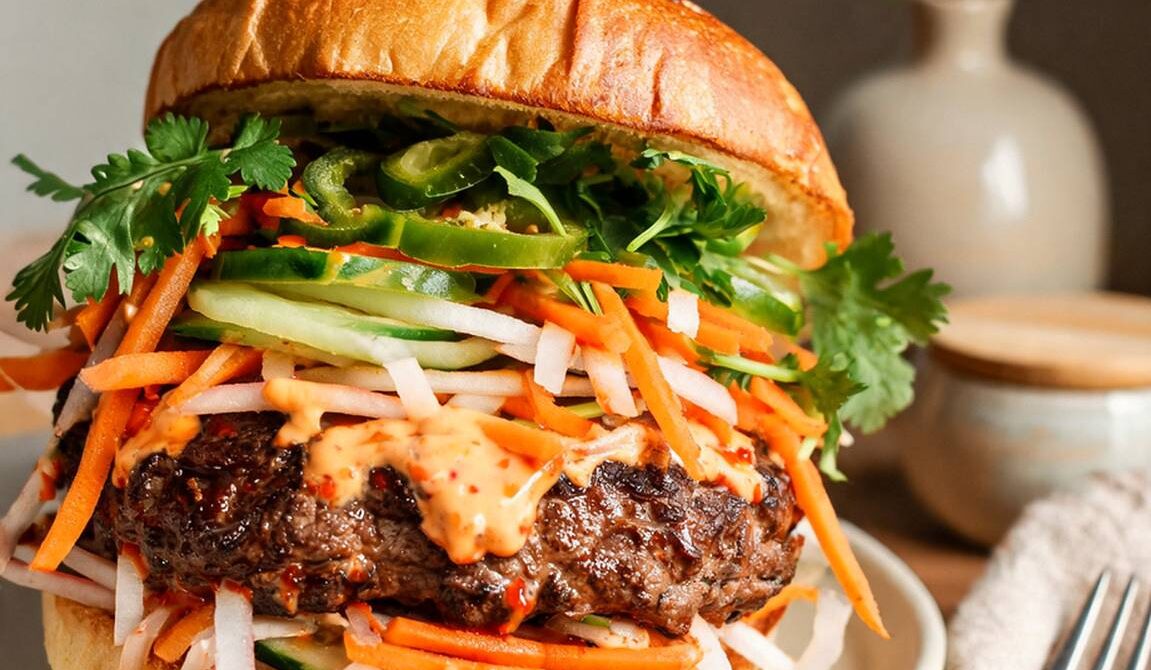 Banh Mi Burger With Pickled Vegetables and Spicy Mayo