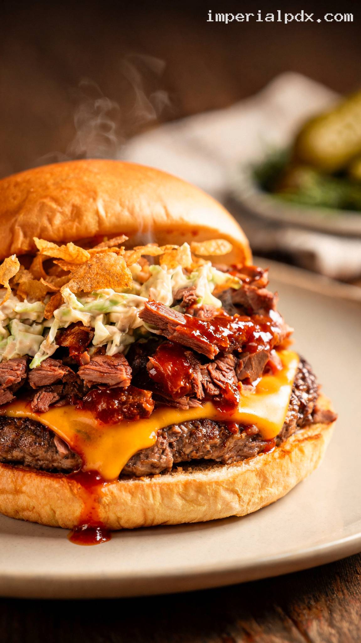 BBQ Brisket Burger with Cheddar and Crispy Onions – Closeup